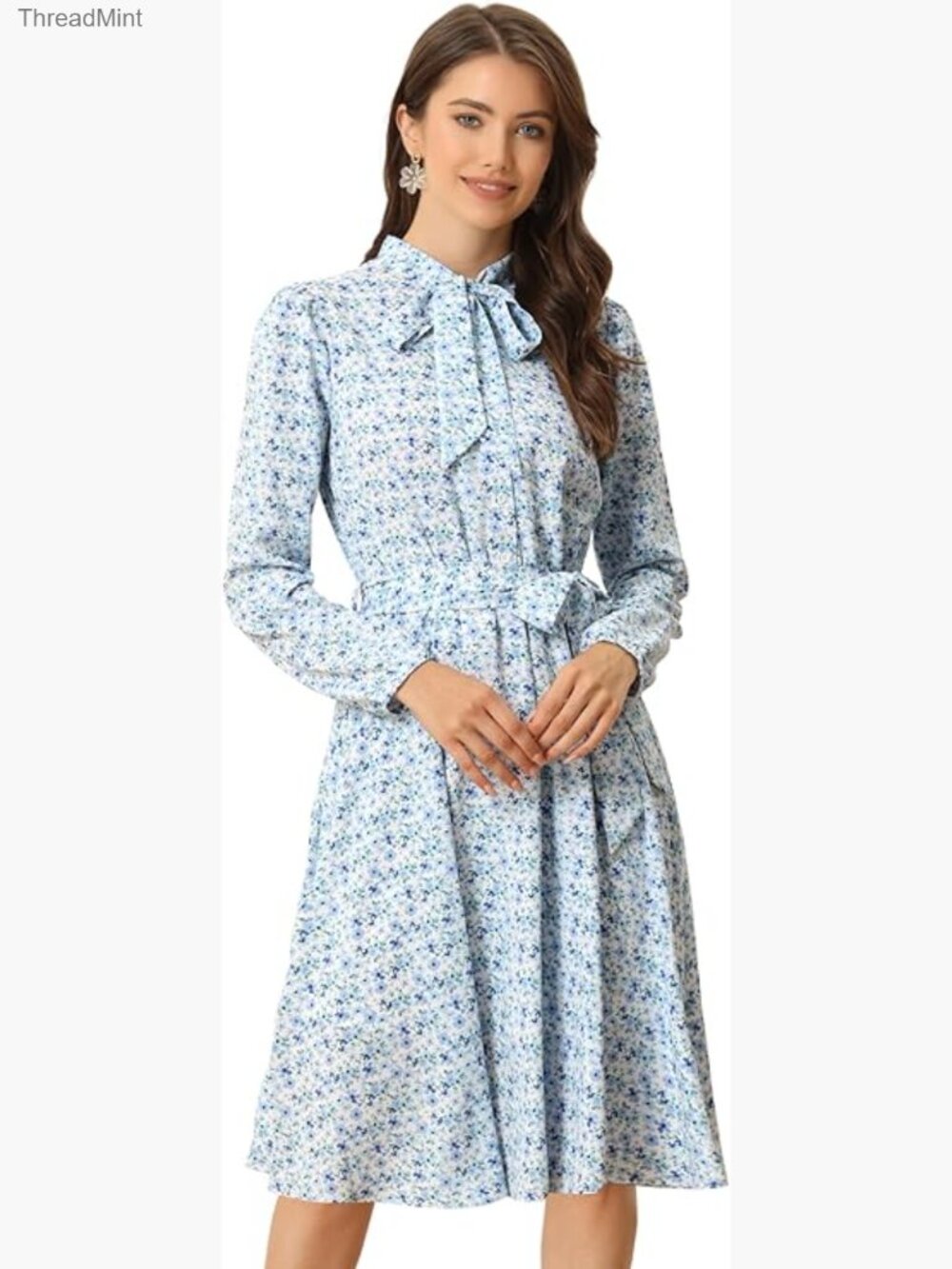 Vintage Floral Chiffon Dress Long Sleeve Tie Neck Belted A-Line